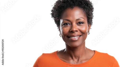 portrait of happy middle aged black woman isolated on white background