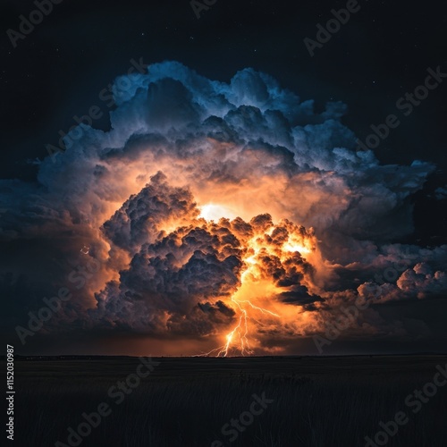 A dramatic scene unfolds with a dark sky filled with heavy, ominous clouds and vivid lightning flashes during a thunderstorm. photo