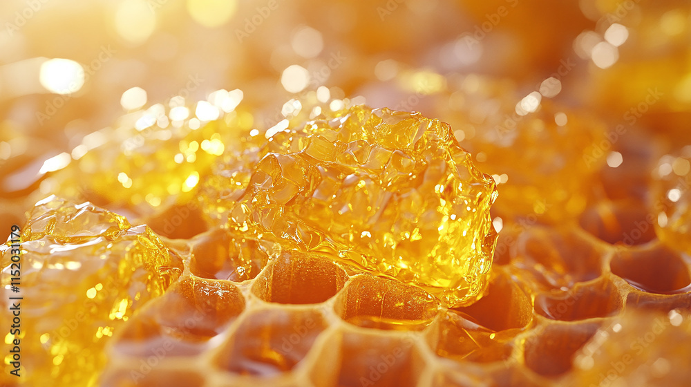 Closeup macro of honeycomb pattern, golden yellow syrup in hexagonal cell, organic and healthy food from nature, sweet wax ingredient, fresh orange golden product from beekeeping. Closeup macro of honeycomb pattern, golden yellow syrup in hexagonal cell, organic and healthy food from nature, sweet wax ingredient, fresh orange golden product from beekeeping.