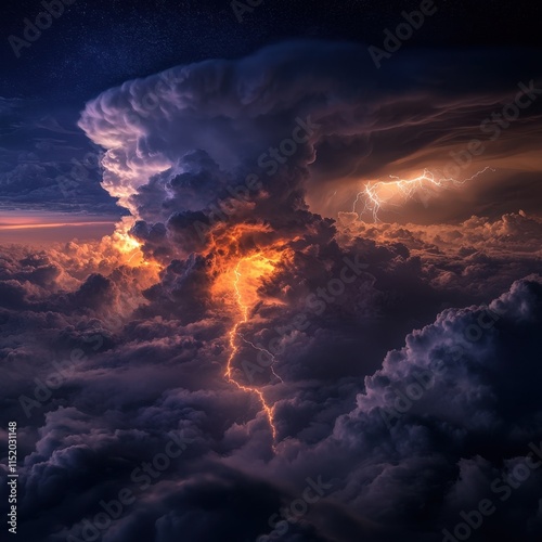 A dramatic scene unfolds with a dark sky filled with heavy, ominous clouds and vivid lightning flashes during a thunderstorm.