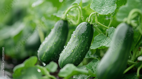Cucumber plantation in a greenhouse, row of green leaf plant growing organic, agriculture farm producing fresh and healthy vegetable, cultivation and harvest of natural food.
