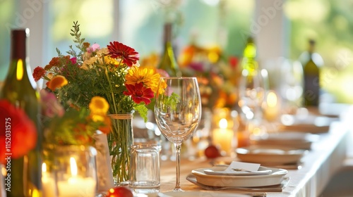 A long dinner table set for a celebration, featuring colorful flowers, candles casting a warm glow, and bottles of wine.