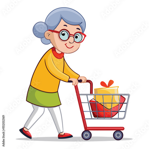 Stylish woman shopping with cart and bag in silhouette on a white background 