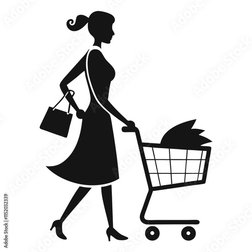 Stylish woman shopping with cart and bag in silhouette on a white background 