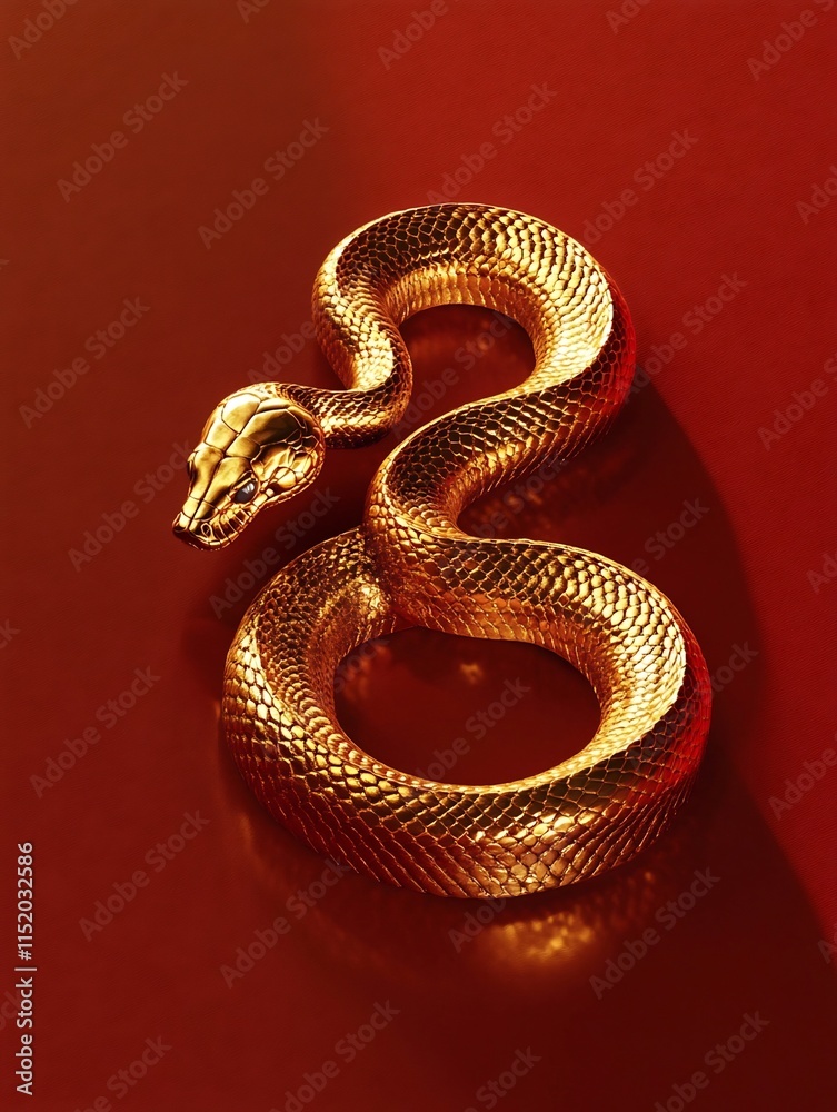 Obraz premium Shimmering Golden Snake Coiled on Vibrant Red Background