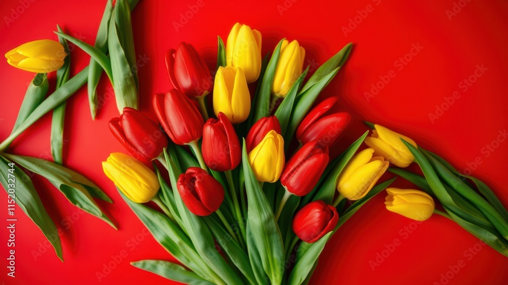 A vibrant arrangement of red and yellow tulips with green stems displayed on a vibrant red background. A vibrant arrangement of red and yellow tulips with green stems displayed on a vibrant red background.