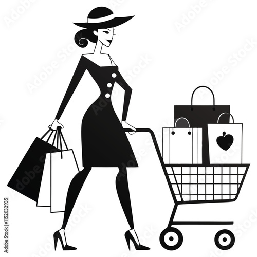 Stylish woman shopping with cart and bag in silhouette on a white background 