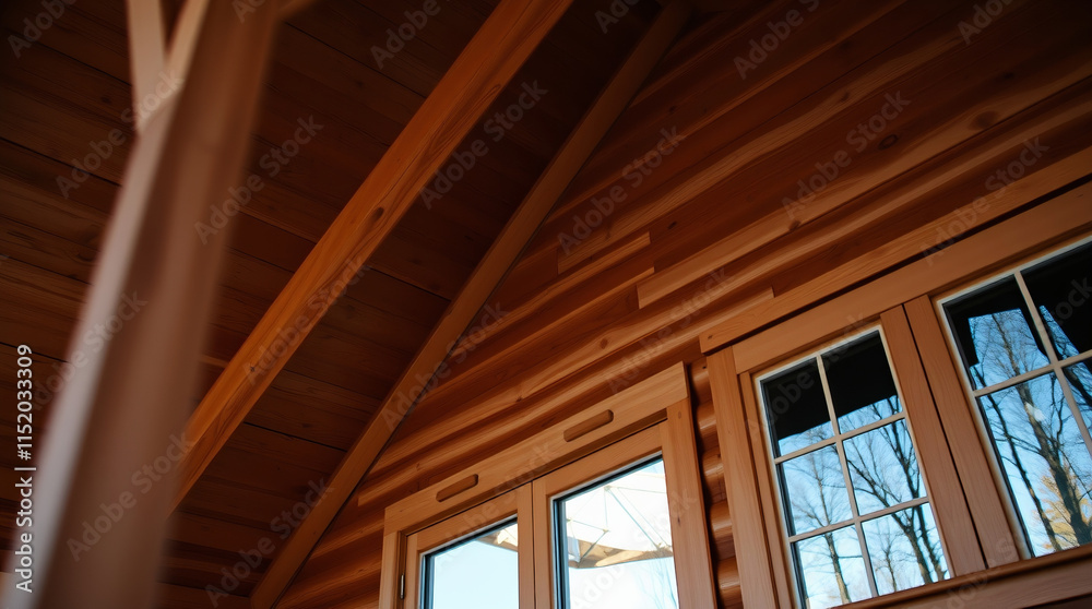 Interior view of a wooden structure's corner, showing horizontal wood paneling, angled ceiling beams, and a multi-paned window reflecting trees. Rich brown tones dominate the scene.