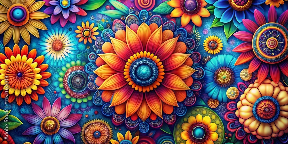 Colorful Retro Hippie Flower Pattern, Boho Style, Deep Focus Colorful Retro Hippie Flower Pattern, Boho Style, Deep Focus