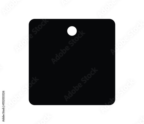 Black square tag, minimalist design, solid color, hole for hanging, simple geometric shape, matte finish, product label, flat surface, monochrome, small size, empty space, dark background, stark contr photo