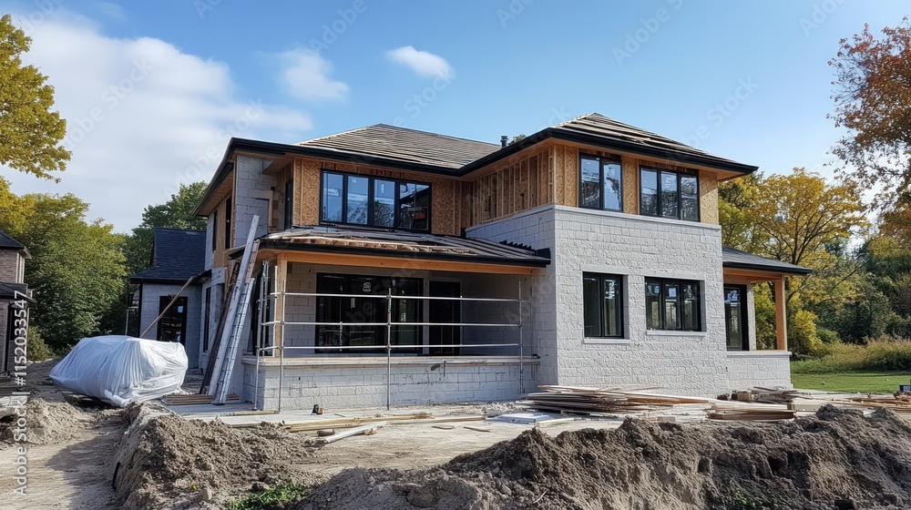 A partially constructed modern house with a mix of stone and wood materials. A partially constructed modern house with a mix of stone and wood materials.