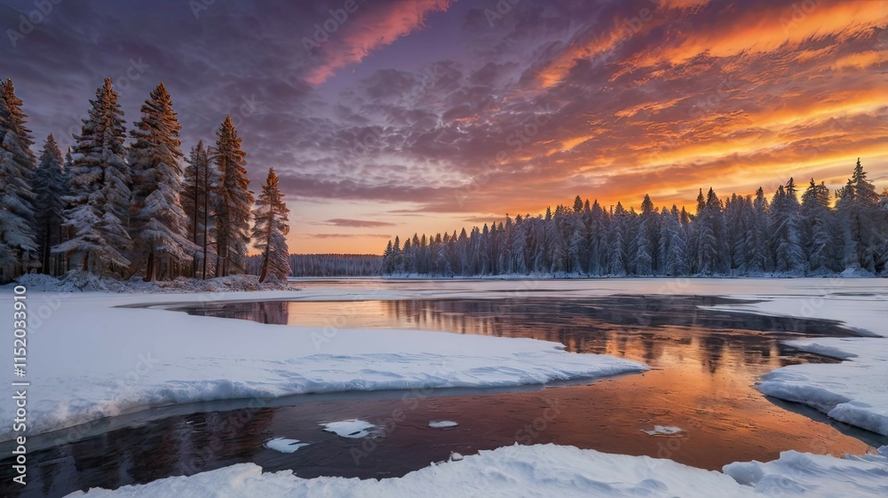 Obraz premium Magic of the winter sunset: snowy landscapes, mountains, forests, frozen lakes, and cozy cabins — a fairytale of nature in every moment.