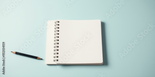 A blank spiral notebook and a black pencil on a light blue background, ready for creativity and inspiration