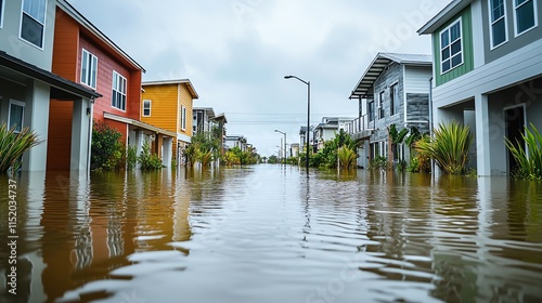 Flooded neighborhood with submerged houses photo