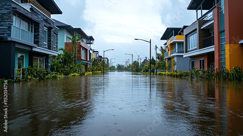 Flooded street in a residential area after rain. photo