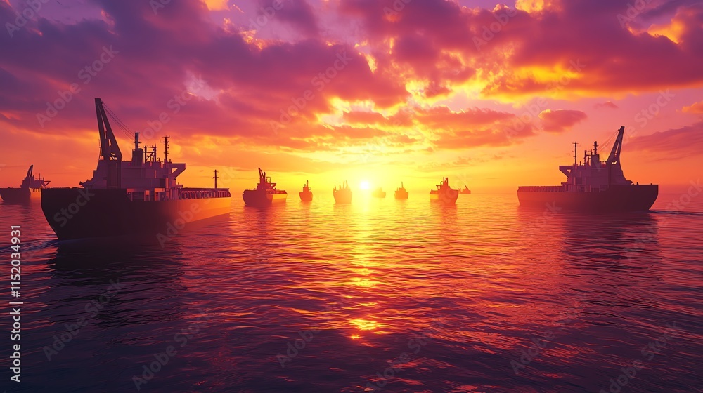 Fototapeta premium Vibrant sunset over ocean with ships sailing.