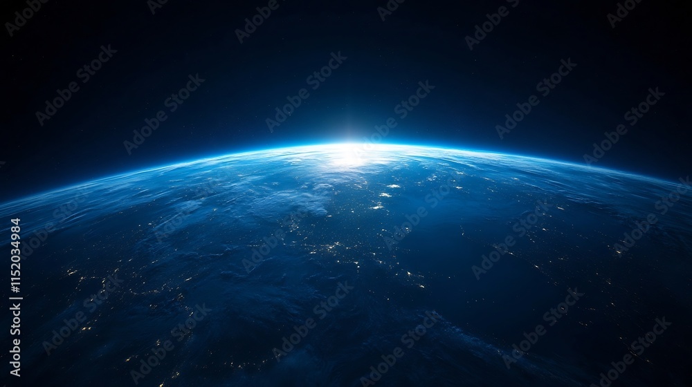 Obraz premium Serene Blue Planet Earth with Glowing Sunrise or Sunset Backlight in Minimalist Graphic Design