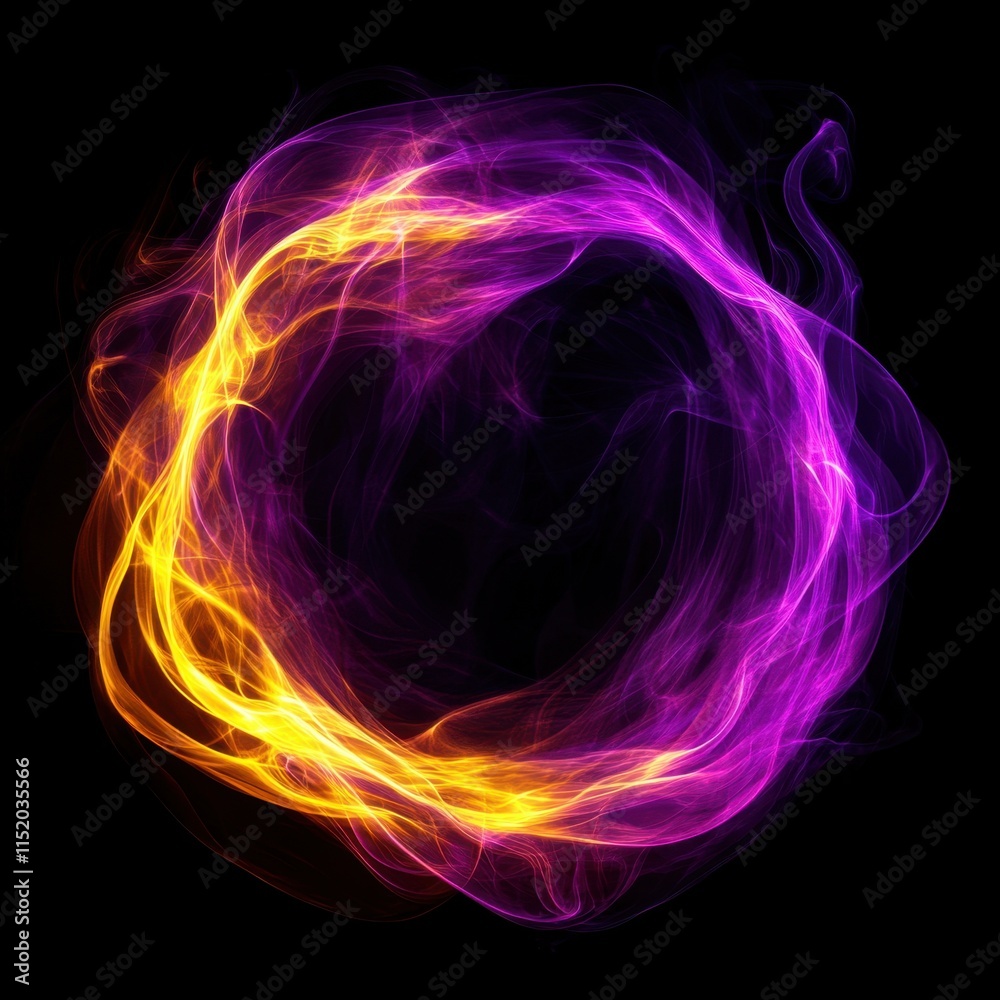 A glowing geometric circle with purple and yellow hues of smoke on a black background. A glowing geometric circle with purple and yellow hues of smoke on a black background.