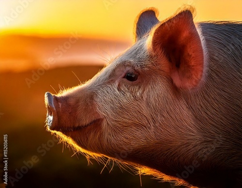 A side profile of a pig illuminated by golden sunset light, highlighting its textured fur and serene rural backdrop.