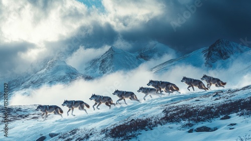 Pack of wolves running across snowy mountain landscape nature photography dramatic sky view wild animal behavior photo