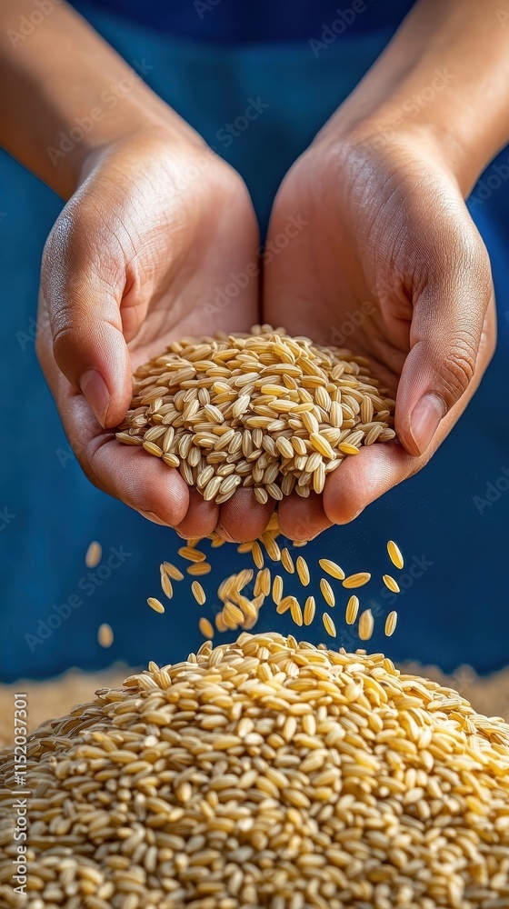 Close-up of hands tying rice sheaves for storage, focus on detail and texture Close-up of hands tying rice sheaves for storage, focus on detail and texture