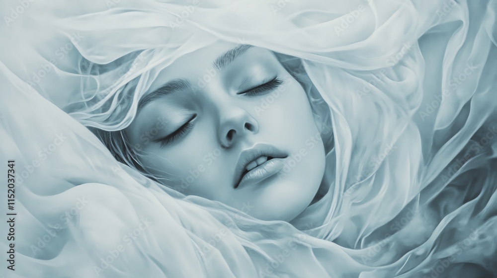 A serene and ethereal portrait of a peaceful woman enveloped in soft, flowing fabric, evoking calm and tranquility. A serene and ethereal portrait of a peaceful woman enveloped in soft, flowing fabric, evoking calm and tranquility.