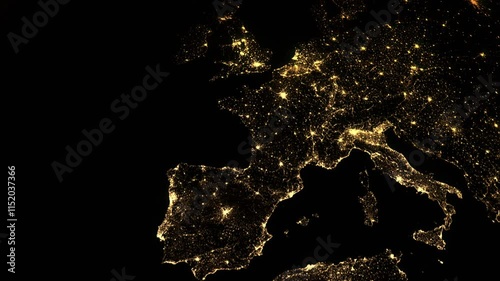 Earth spinning. View from the orbit on the Europe during night. Lights of the cities.