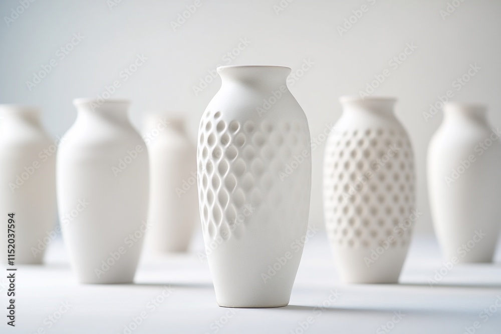 A collection of elegant white vases with unique textured designs. A collection of elegant white vases with unique textured designs.