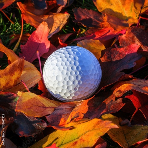 A golf ball resting on a bed of colorful autumn leaves, capturing the seasonal beauty and contrasting textures. photo