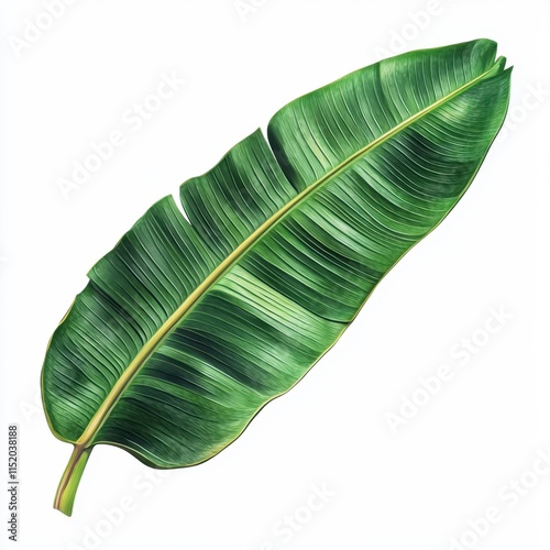 A green banana leaf isolated on a transparent or white background in PNG format. photo