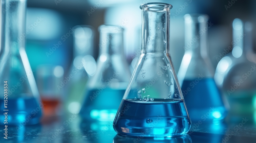 Close-up of a laboratory flask with blue liquid in modern lab Close-up of a laboratory flask with blue liquid in modern lab