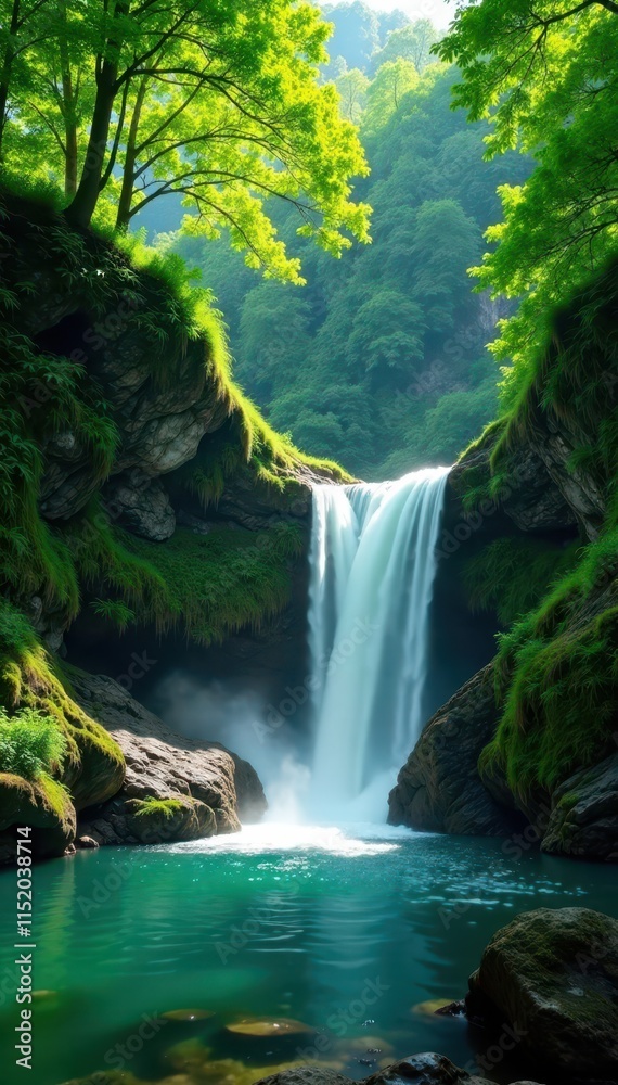 Fototapeta premium Emerald cascade plunges through vibrant green canopy , trees, beauty