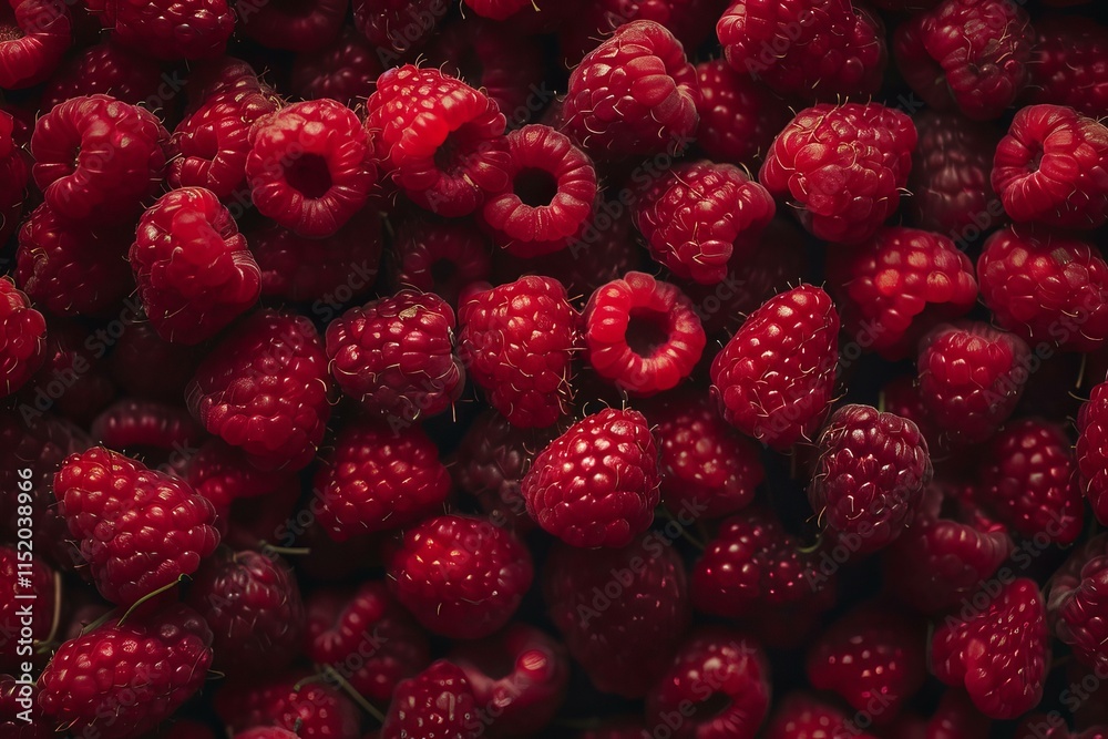 Close up of juicy, ripe raspberries creating a vibrant and textured background, ideal for food and beverage projects Close up of juicy, ripe raspberries creating a vibrant and textured background, ideal for food and beverage projects