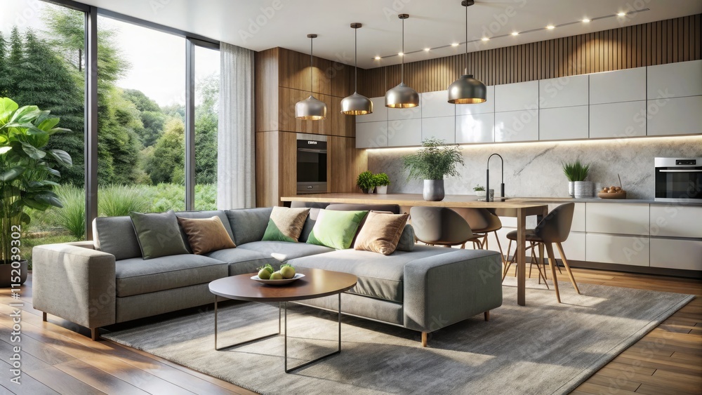 Fototapeta premium Modern kitchen sofa tables: stylish designs enhance interior appeal and practicality.