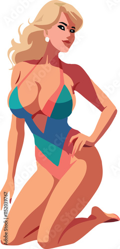 Beautiful blonde model kneeling and wearing colorful swimsuit