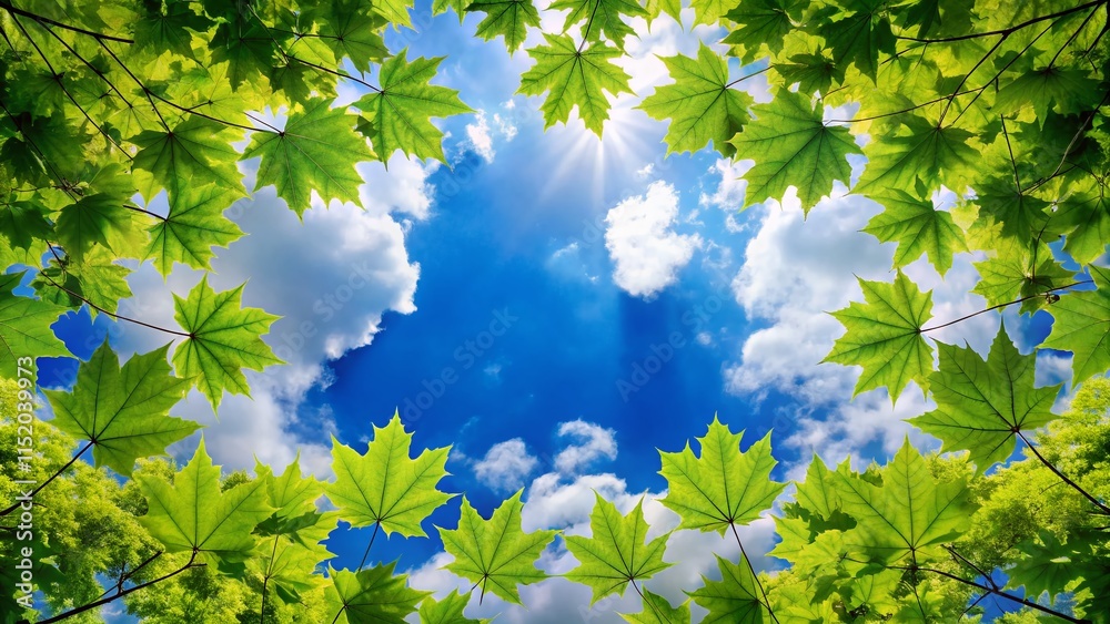 Lush Maple Canopy, Blue Sky, Fluffy Clouds, Outdoor Serenity