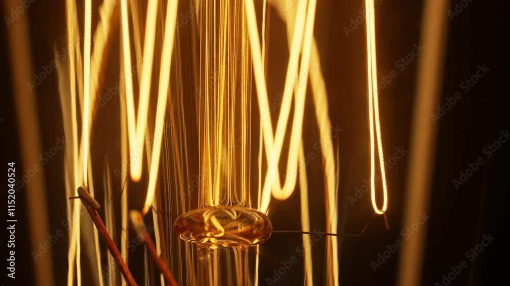 Macro detailed incandescent Edison Tungsten filament lamp flickering, vintage retro bulb. Energy, electricity, innovation. Electric power. 