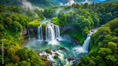 Majestic Waterfall Through Lush Forest - Aerial View