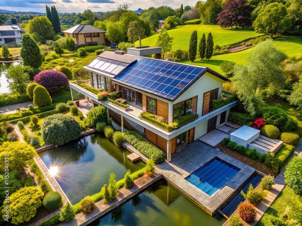 Modern Green Architecture with Solar Panels and Pond - Drone Shot Modern Green Architecture with Solar Panels and Pond - Drone Shot