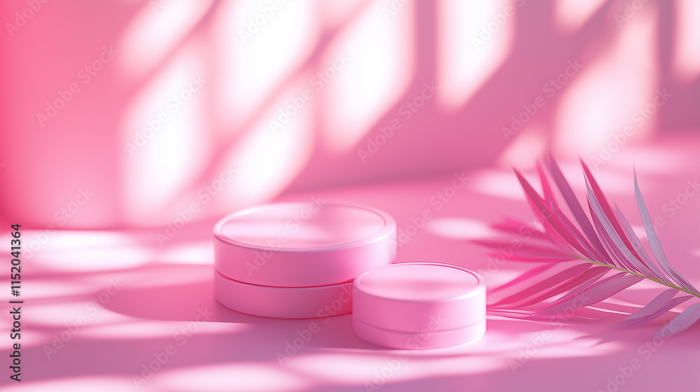 Pink podiums on bright elegant Pink background with hard shadows and bright colors Pink podiums on bright elegant Pink background with hard shadows and bright colors