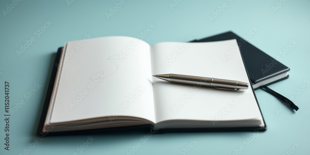An Open Notebook with a Metallic Pen Resting on a Blank Page, Ready for Writing or Drawing