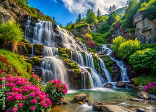 Mountain Waterfall, Lush Blooms, Minimalist Landscape