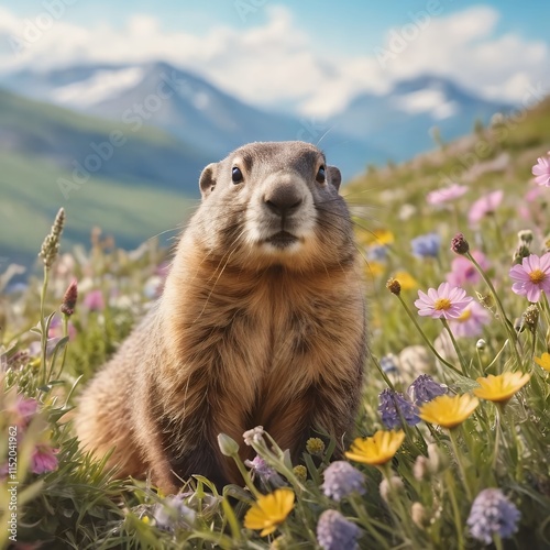 Alpine Marmot Amidst Blooming Wildflowers Mountain Background