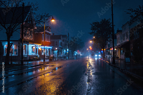 Nighttime street scene in rain with neon signs and reflections. photo