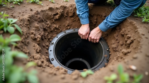 working plumber opens a sewer hatch. Maintenance of septic tanks and water wells 