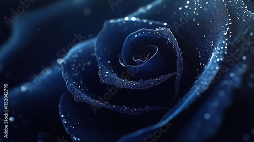 a close up of dark blue rose with water droplets on it