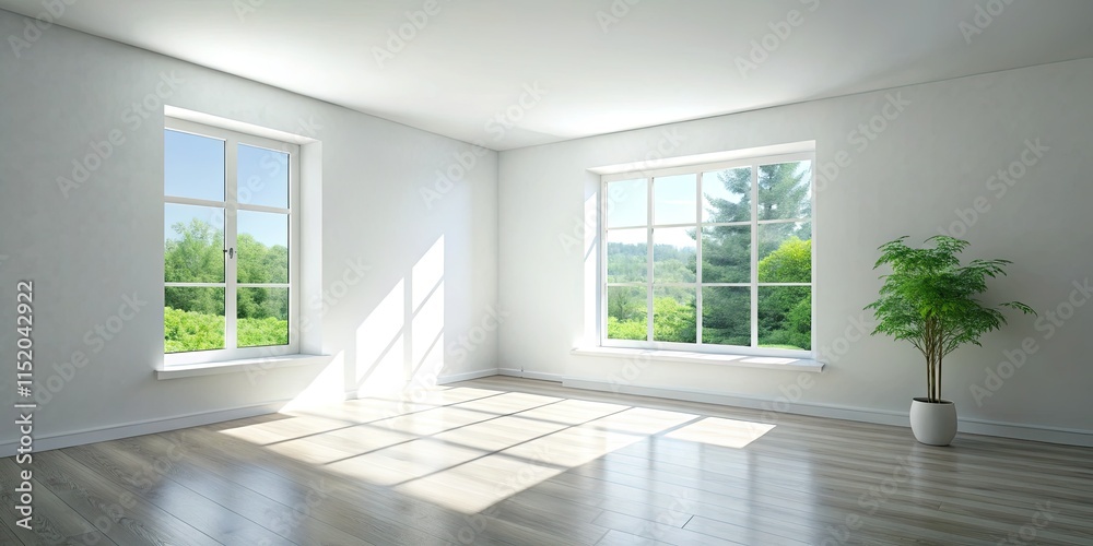 Fototapeta premium Modern, spacious white room bathed in sunlight. Clean lines, minimalist decor, and bright window light define the space.