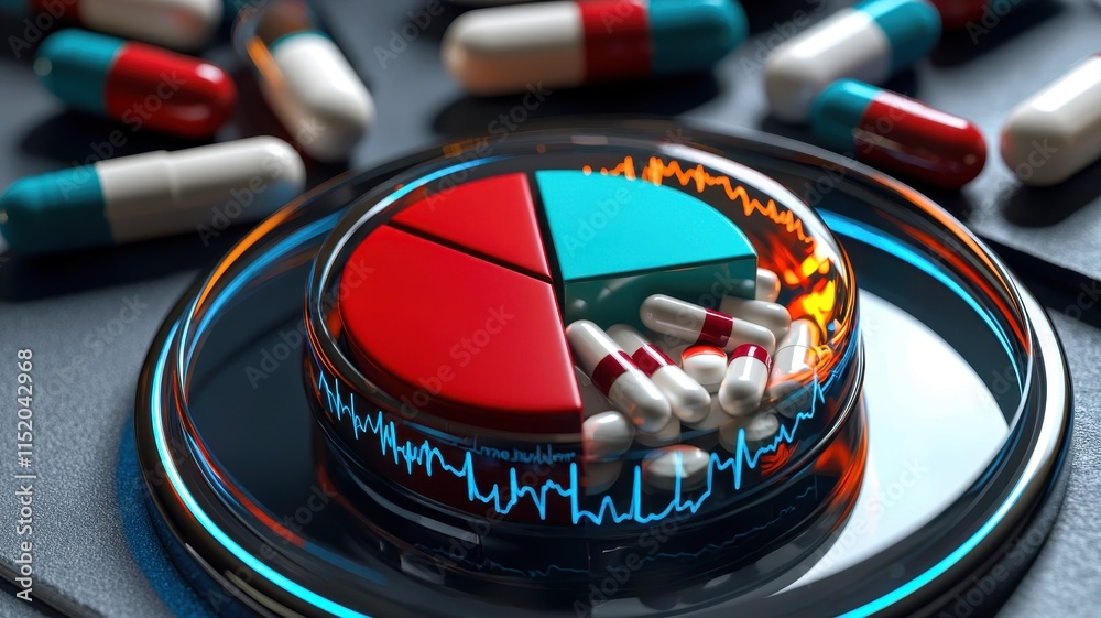 Obraz premium A medical infographic showing a pie chart of reported side effects from a specific pill, highlighting its safety profile.