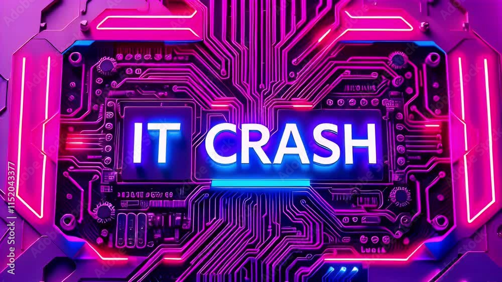 A colorful circuit board background with the text 