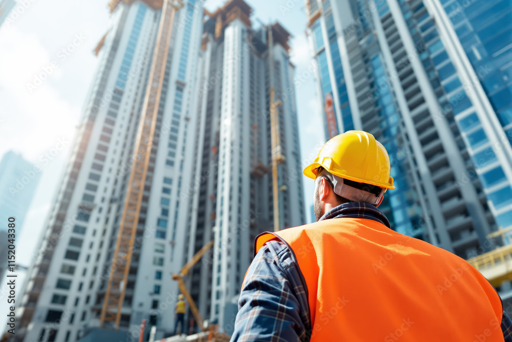 Construction Worker Observing High-Rise Building Progression. Construction Worker Observing High-Rise Building Progression.